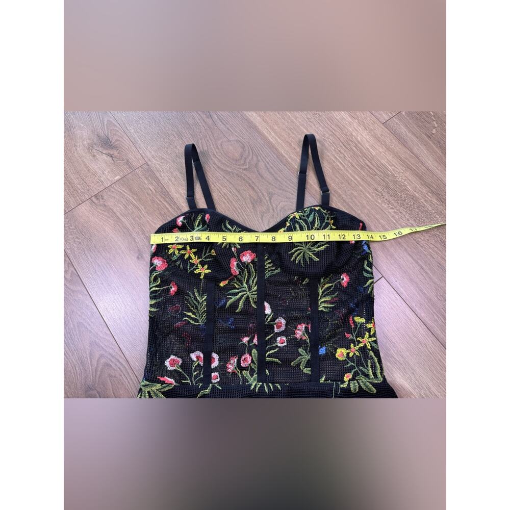 Allen Schwartz Embroidered Floral Mesh Corset Bodysuit Black Size 4 Sheer - Picture 8 of 9